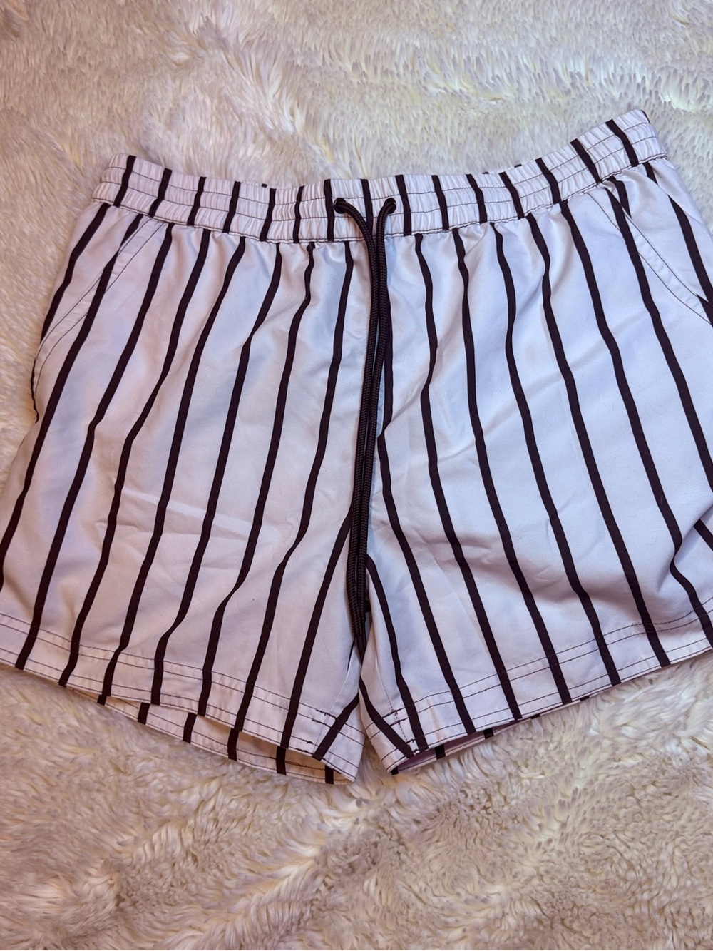 South Beach Men's large White Swim Trunks with brown Pinstripes liner cut out